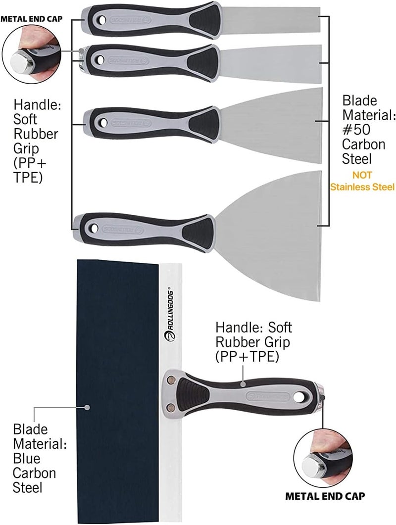 Rolling Dog 5 PC Putty Knife Set- Include 1", 3" and 5" Spackle Knife, 1.5" Chisel Scraper, 10" Taping Knife for Drywall Repair - Image 3
